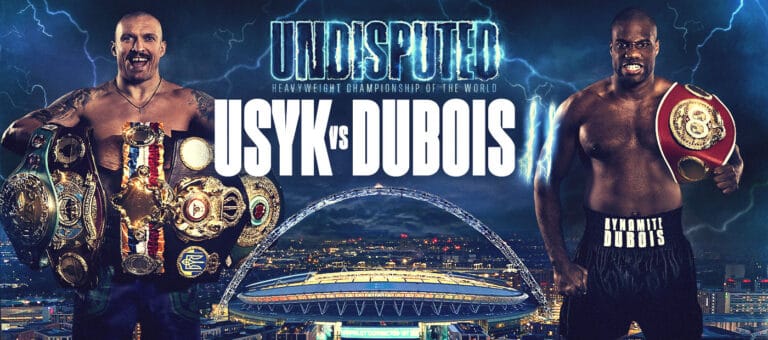 Undisputed Heavyweight Championship poster featuring Oleksandr Usyk and Daniel Dubois, showcasing championship belts with Wembley Stadium lit up beneath a stormy sky.