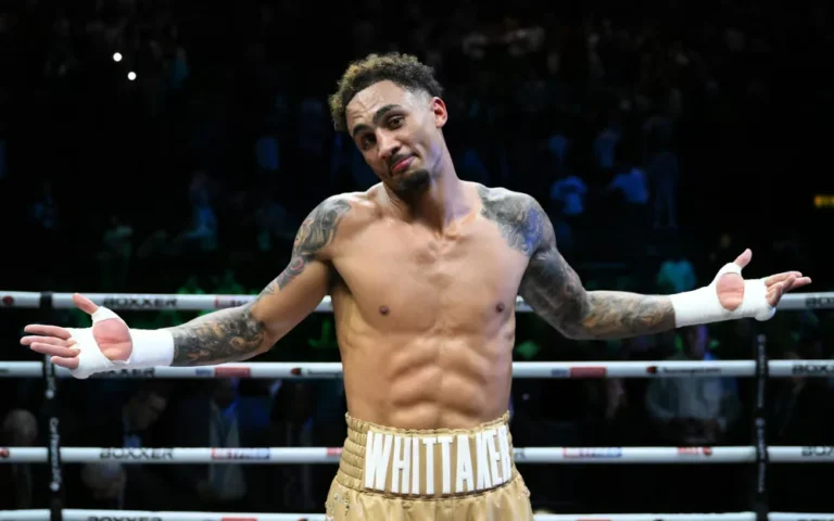Ben Whittaker shrugs in the ring after stopping Liam Cameron in Round 2 of their rematch.