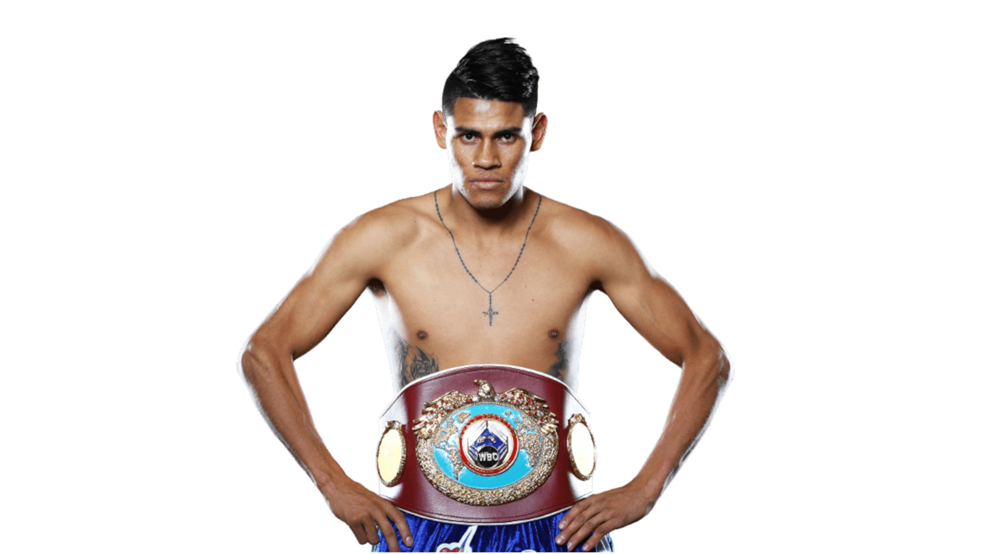 Emanuel Navarrete wearing a WBO championship belt, in fighting stance.