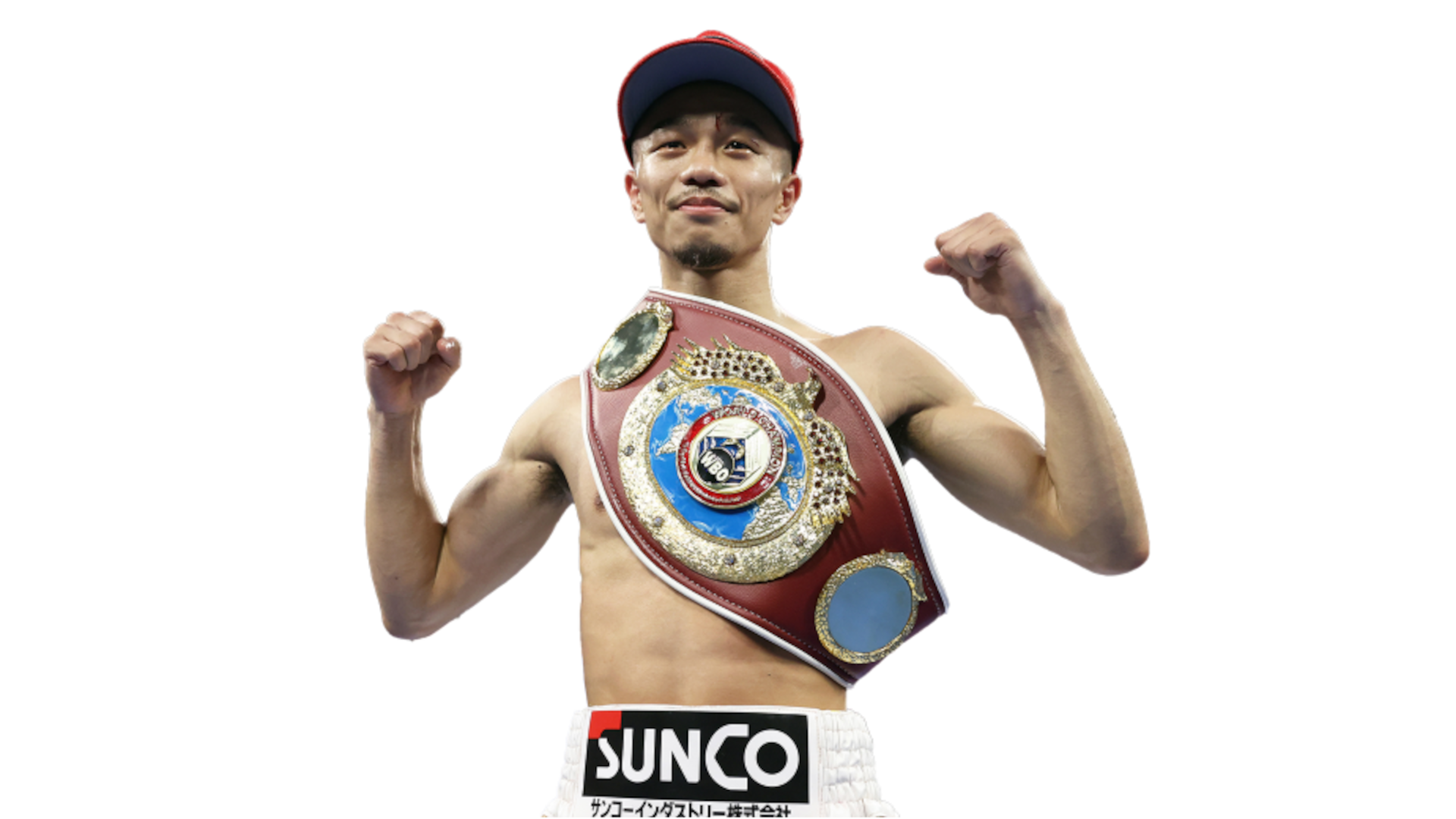 Junto Nakatani celebrates with the WBO belt and raised fists.