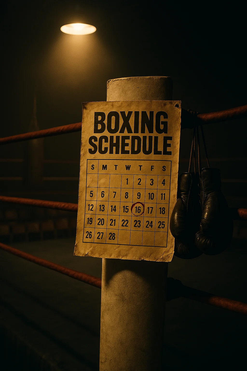Vintage boxing schedule poster on ring ropes in a dimly lit arena with dramatic lighting and nostalgic gym details.