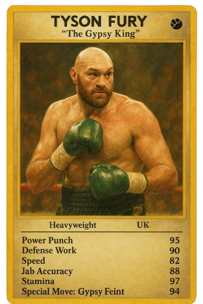 Tyson Fury digital trading card with boxing stats and nickname