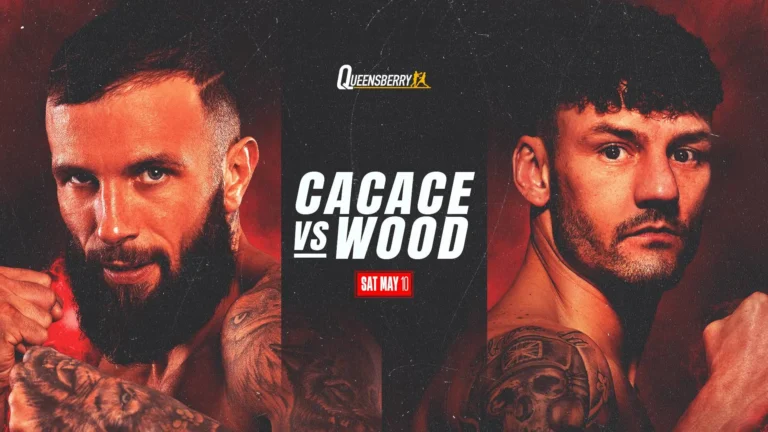 Promotional poster for Anthony Cacace vs Leigh Wood boxing match on May 10 at Motorpoint Arena, Nottingham for the IBO World Super Featherweight Championship, presented by Queensberry Promotions and DAZN.