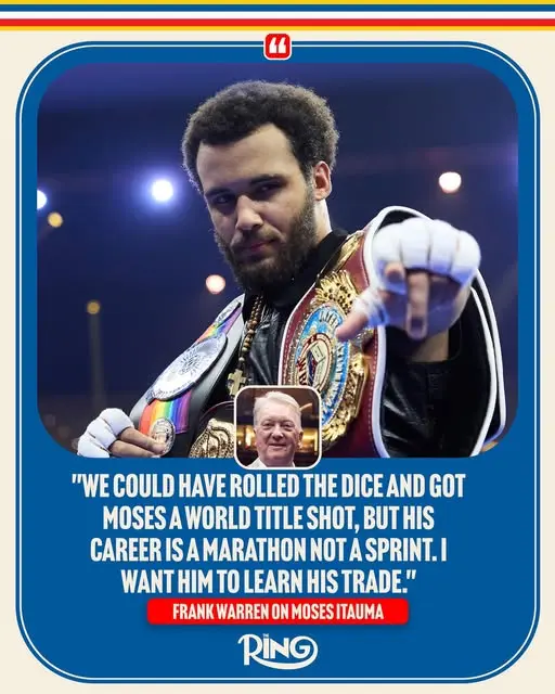 Young heavyweight boxer draped in several championship belts points toward the camera; an on-screen quote from his promoter highlights a patient, long-term approach to winning a world title.