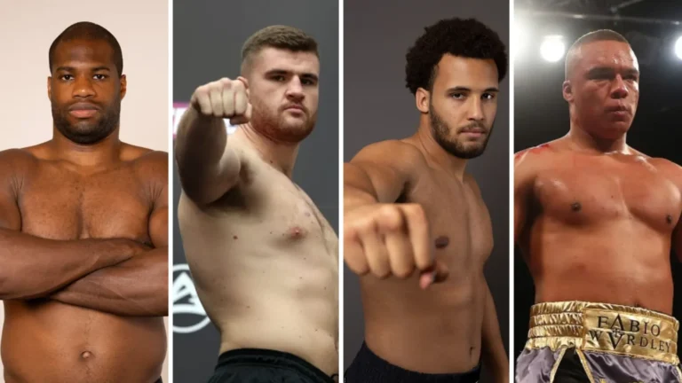 British heavyweight boxing prospects Daniel Dubois, Johnny Fisher, David Adeleye, and Fabio Wardley pose in separate images ahead of 2025 fights.