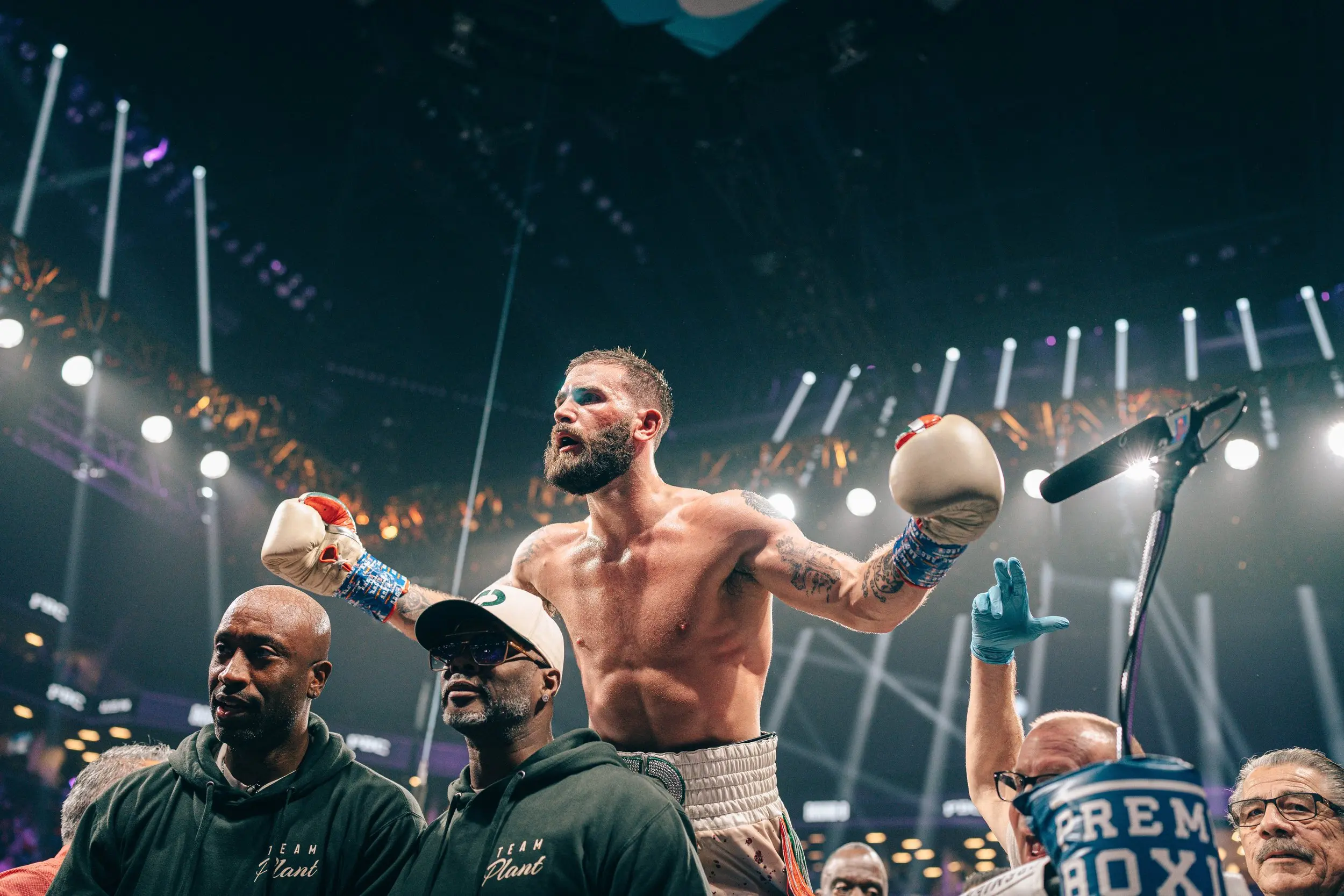 Caleb Plant raises both gloves on the ring ropes during the Caleb Plant vs Armando Resendiz fight night at MGM Grand, Las Vegas