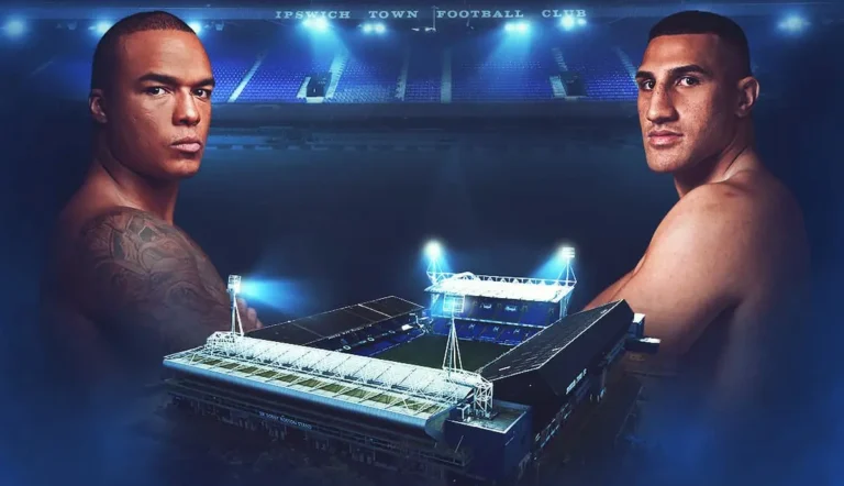 Fabio Wardley and Justis Huni face off with Ipswich Town’s Portman Road stadium lit in the background ahead of their June 8 heavyweight fight.
