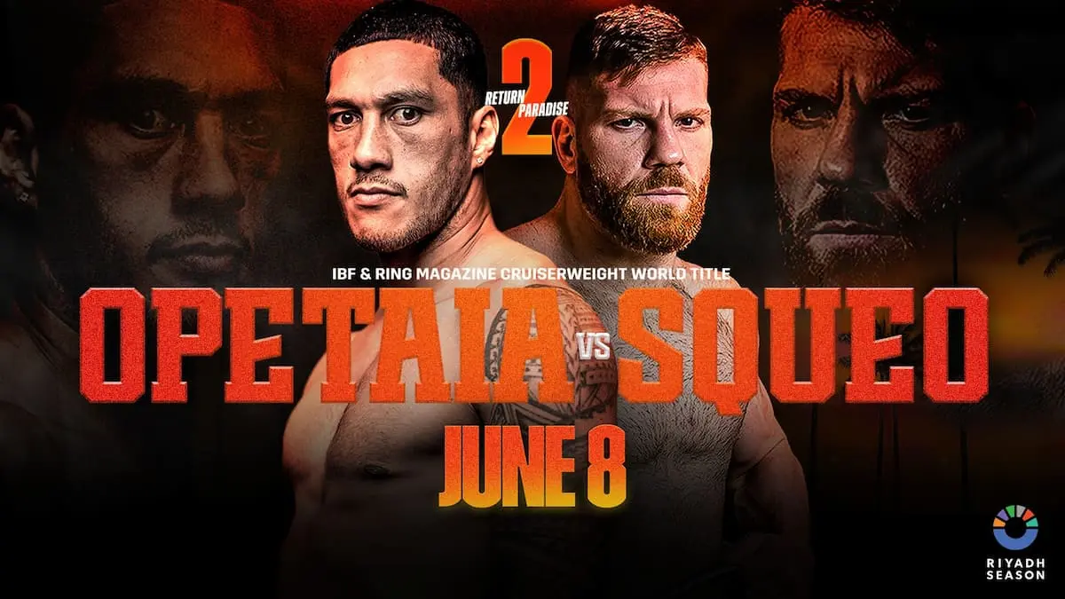 Jai Opetaia and Claudio Squeo stare down on the official poster for their cruiserweight title clash on June 8.