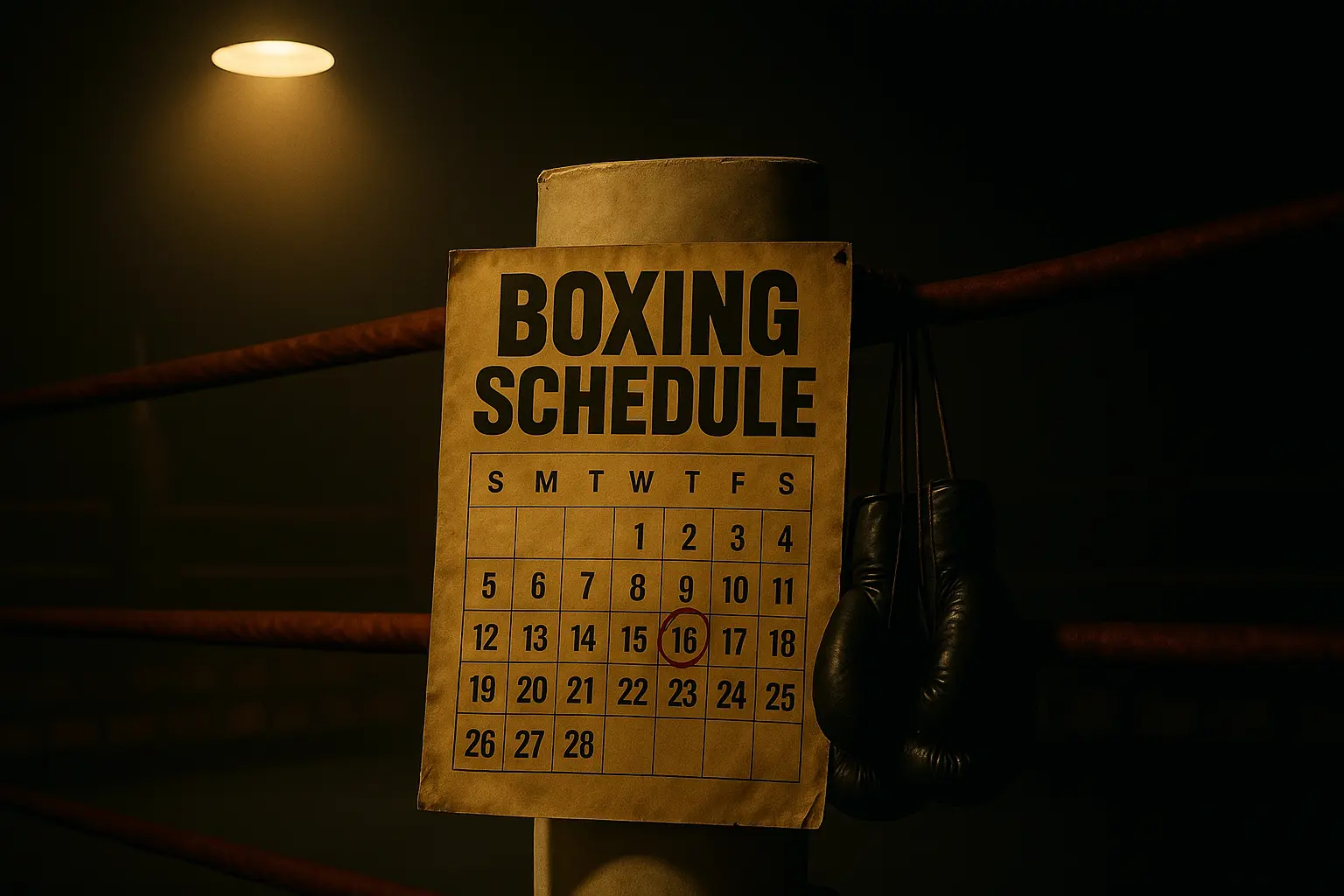 Vintage boxing schedule poster on ring ropes in a dimly lit arena with dramatic lighting and nostalgic gym details.