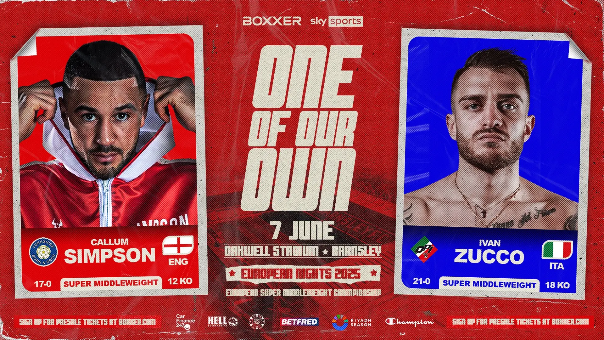 Promotional poster for Callum Simpson vs Ivan Zucco European super-middleweight title fight on 7 June at Oakwell Stadium in Barnsley.