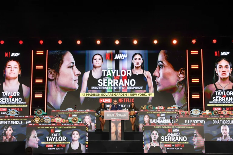 Katie Taylor vs Amanda Serrano 3 fight poster and stage setup at Madison Square Garden with full undercard lineup and Netflix branding
