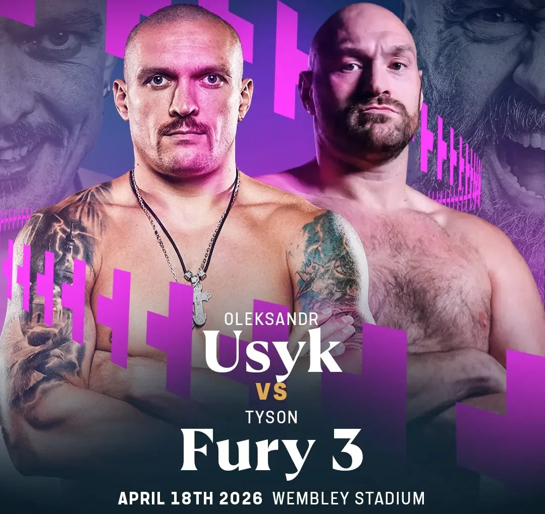 Official Usyk vs Fury 3 fight poster with Oleksandr Usyk and Tyson Fury facing off, set for April 18, 2026.