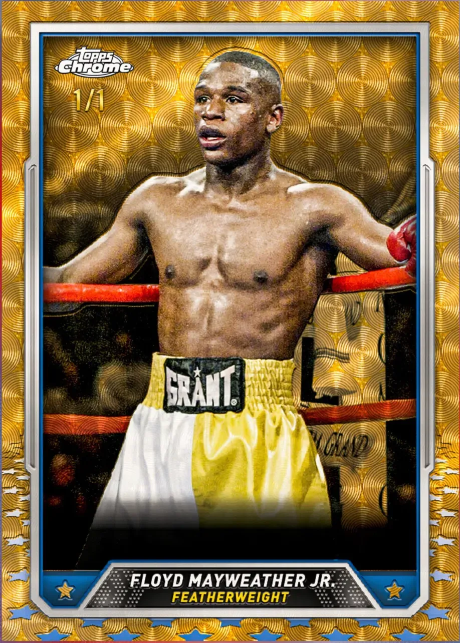 Topps Chrome Boxing 1/1 gold featherweight trading card of Floyd Mayweather Jr. in the ring wearing yellow and white trunks.