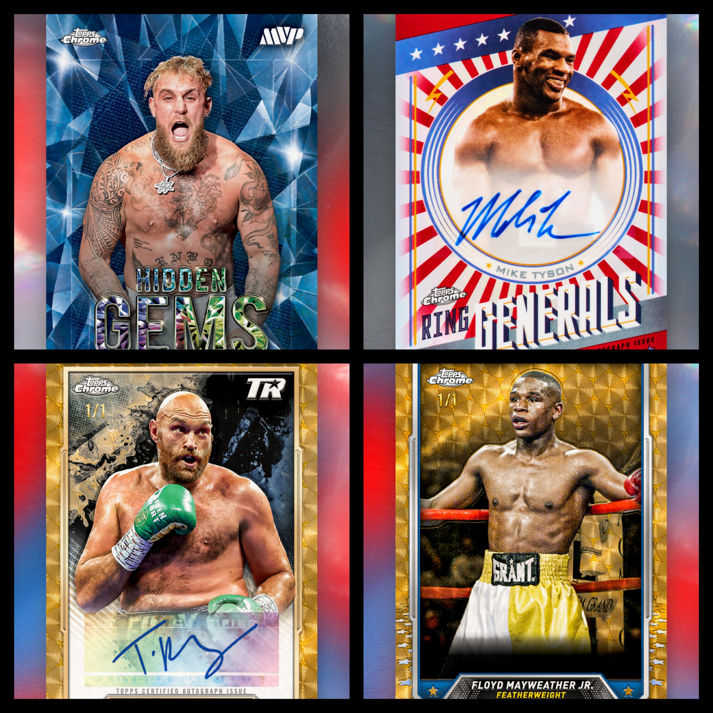 Collage of Topps Chrome Boxing trading cards featuring Jake Paul Hidden Gems, Mike Tyson Ring Generals, Tyson Fury autograph, and Floyd Mayweather Jr. 1/1 featherweight card.