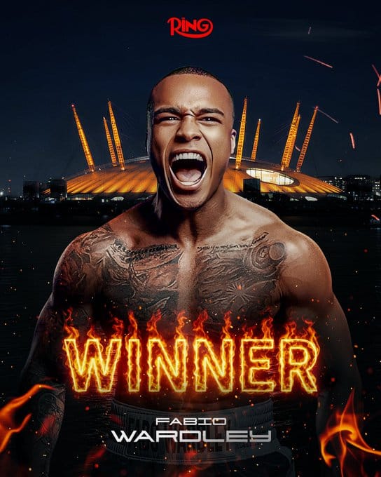 Fabio Wardley celebrates victory with a fiery “Winner” graphic in front of The O2 Arena after stopping Joseph Parker.