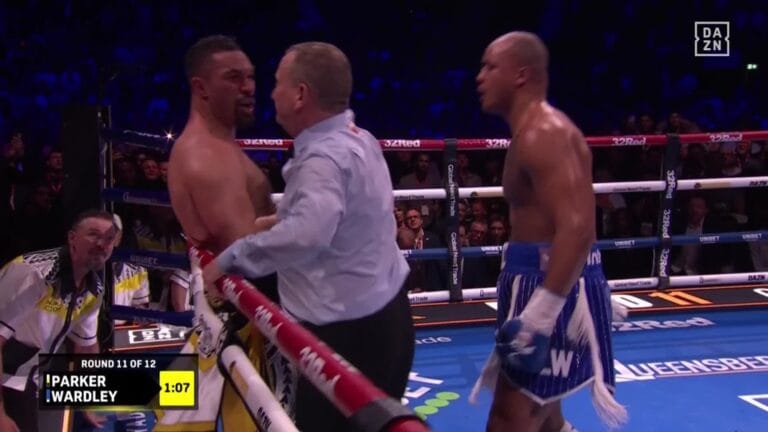 Referee steps in to stop the fight as Fabio Wardley overwhelms Joseph Parker in Round 11 at The O2 Arena in London.
