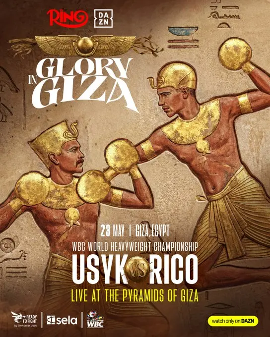 Usyk vs Rico Verhoeven at the Pyramids of Giza fight poster for 23 May 2026 WBC heavyweight championship