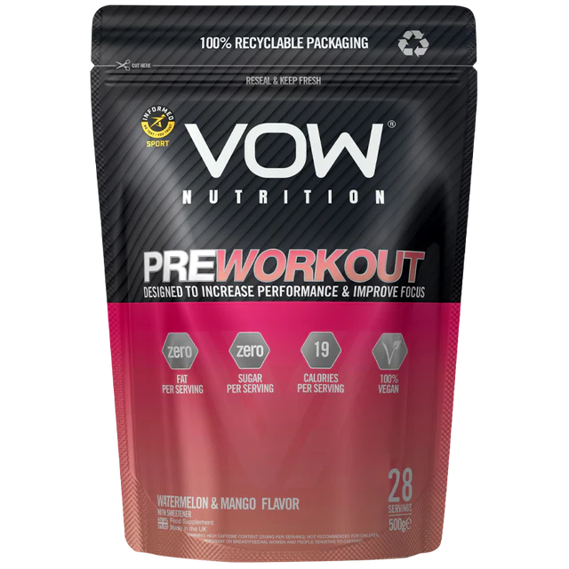 VOW Nutrition Pre-Workout powder in Watermelon & Mango flavour, 500g resealable pouch, 28 servings