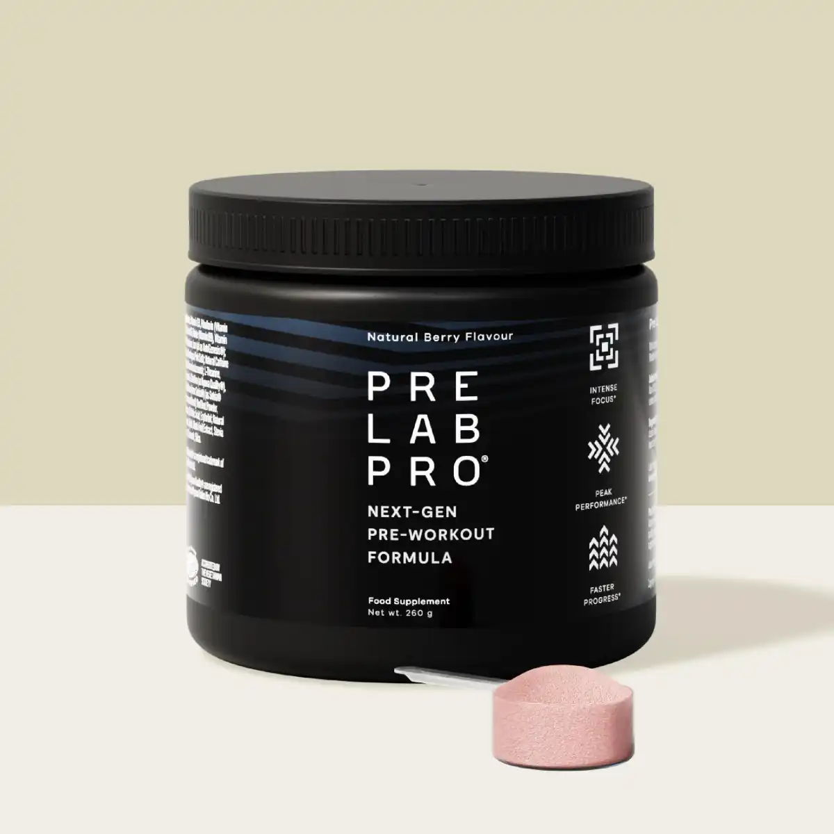 Pre Lab Pro next-gen pre-workout formula in Natural Berry flavour, 260g tub with measuring scoop