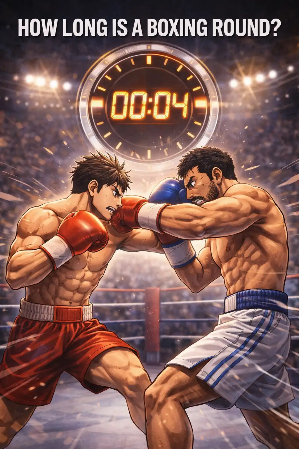 manga style How long is a boxing round graphic showing two boxers and a clock counting down