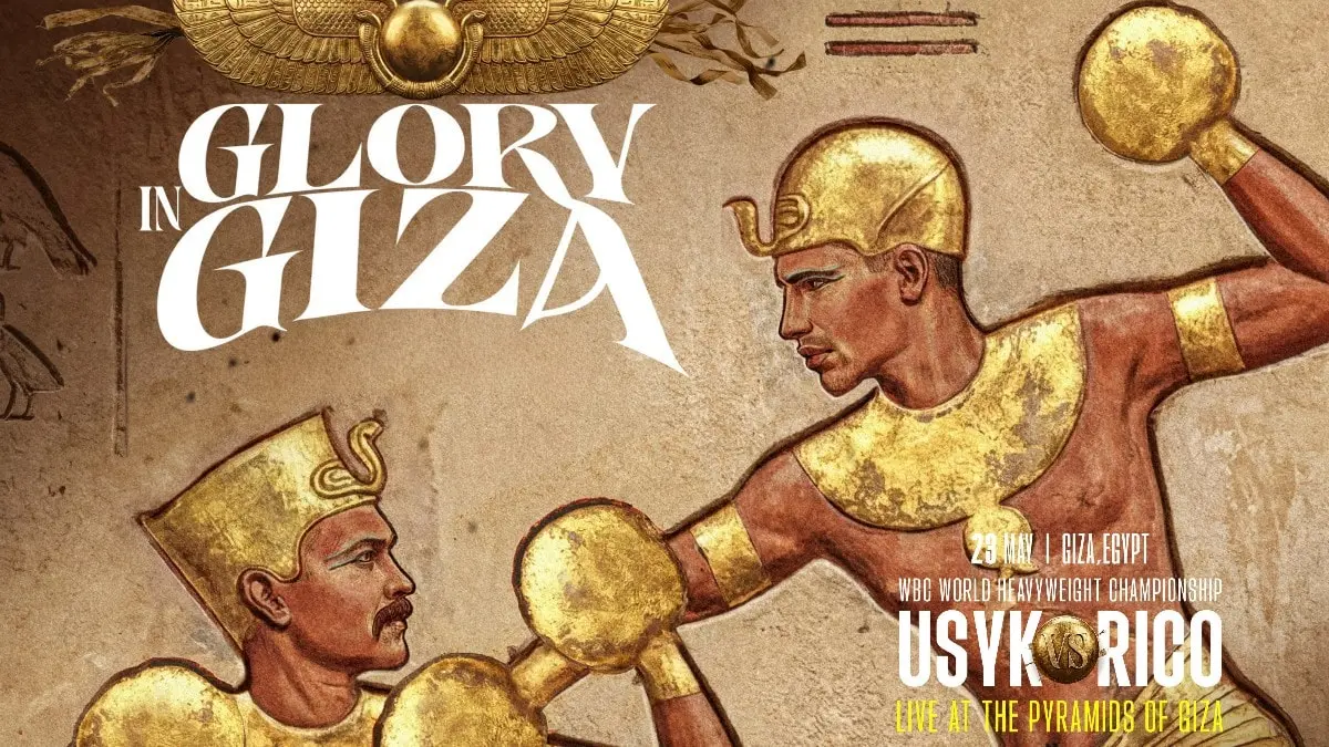 Usyk vs Rico Verhoeven at the Pyramids of Giza fight poster for 23 May 2026 WBC heavyweight championship