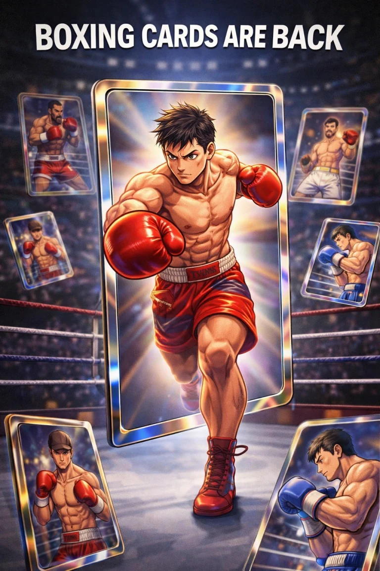 Japanese manga-style illustration of a boxer stepping out of a collectible boxing card in a ring, surrounded by floating trading cards