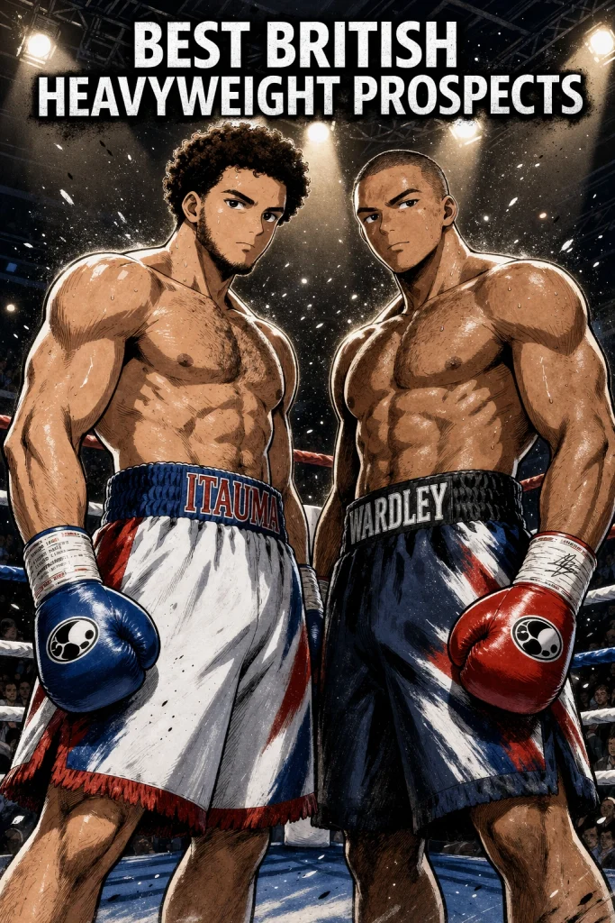 British heavyweight boxing prospects manga-style illustration featuring two fighters in a ring with dramatic lighting