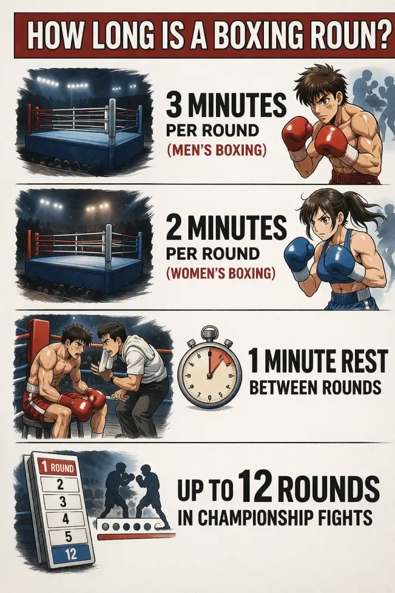 How long is a boxing round infographic showing 3 minutes men’s boxing, 2 minutes women’s boxing, 1 minute rest and 12 round fights