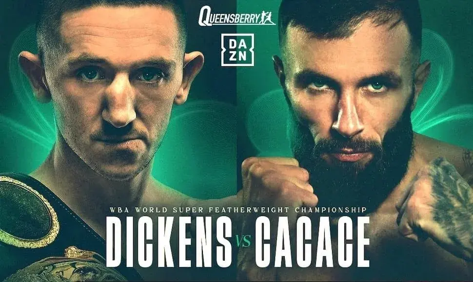 Jazza Dickens vs Anthony Cacace fight poster for the WBA super featherweight title bout at Dublin's 3Arena