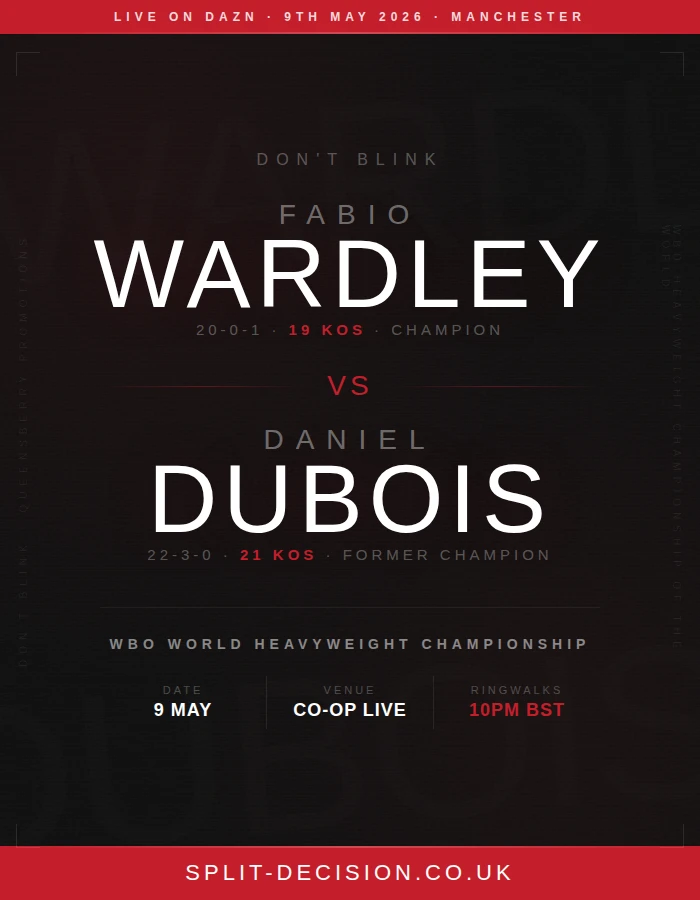 Wardley vs Dubois fight announcement poster – WBO heavyweight title fight, 9 May 2026 at Co-op Live, Manchester, live on DAZN. Wardley (20-0-1, 19 KOs) vs Dubois (22-3, 21 KOs).