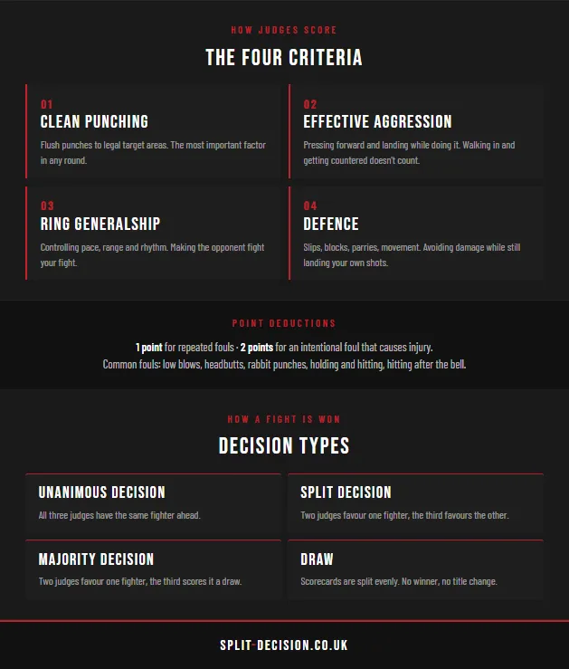 Boxing scoring criteria graphic showing clean punching, effective aggression, ring generalship and defence with decision types and point deductions explained
