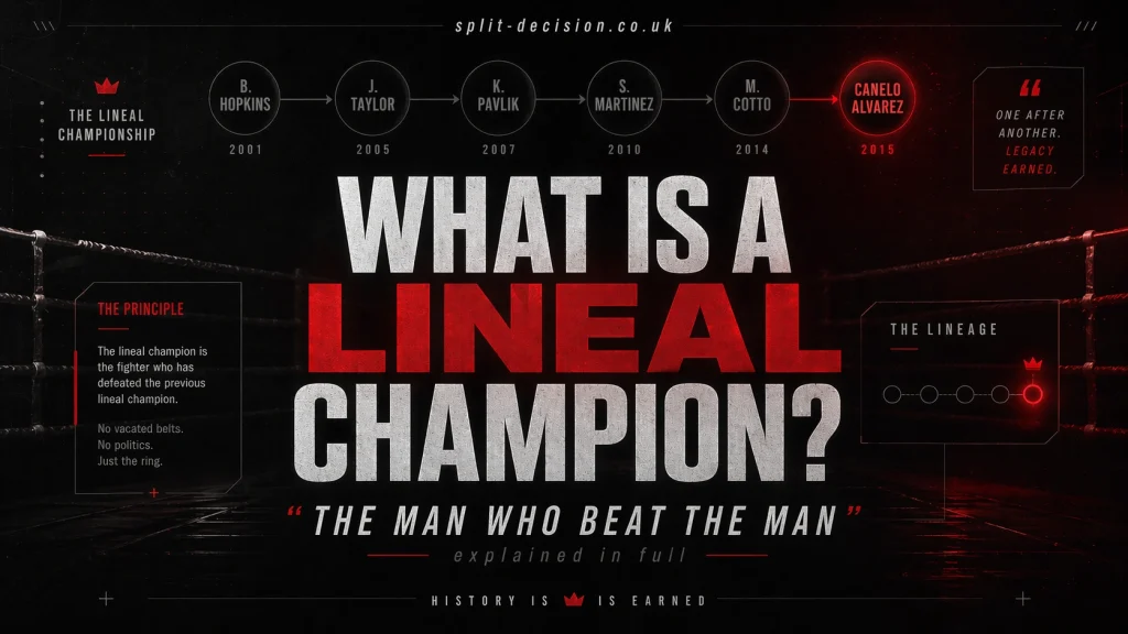 Premium 16:9 boxing infographic explaining the concept of a lineal champion, featuring bold red and white typography on a matte black cinematic background. The design includes a minimalist championship timeline with legendary surnames, glowing red lineage graphics, and the headline “What Is A Lineal Champion?” with the phrase “The man who beat the man” beneath it. Styled like a luxury sports editorial graphic for Split-Decision.co.uk.