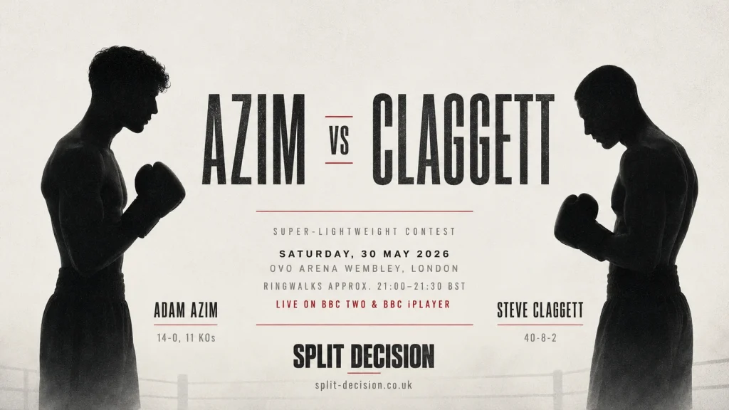 Minimalist boxing poster for Adam Azim vs Steve Claggett featuring two anonymous black boxer silhouettes facing each other on an off-white textured background, with bold editorial typography showing fight date, venue, ringwalk time and BBC broadcast details for the super-lightweight contest at OVO Arena Wembley in London.