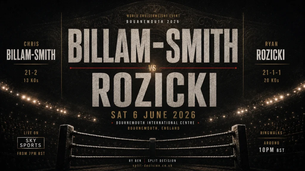 Billam-Smith vs Rozicki fight poster for Saturday 6 June 2026 at Bournemouth International Centre, with Sky Sports broadcast details and 10pm BST ringwalk time.