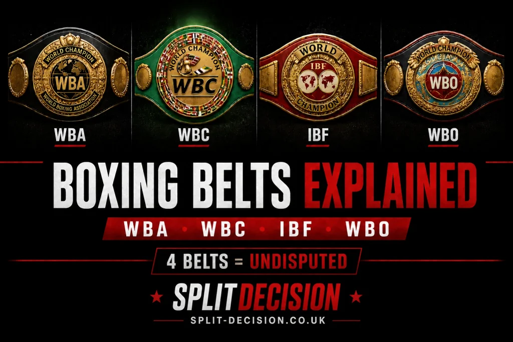 Minimalist horizontal graphic showing four major boxing belts (WBA, WBC, IBF, WBO) with “Boxing Belts Explained” and Split-Decision branding on a black background.