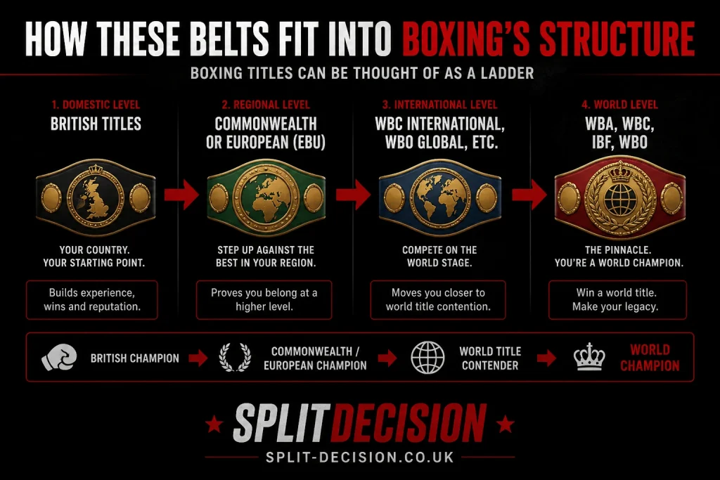 Horizontal infographic showing the progression of boxing titles from domestic (British titles) to regional (Commonwealth/European), international (WBC International, WBO Global), and world level (WBA, WBC, IBF, WBO), styled in a black and red Split Decision theme.