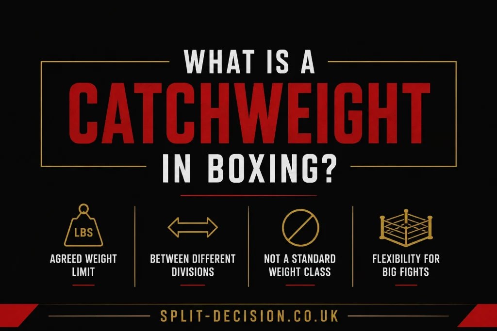 Minimalist black, red and gold boxing infographic explaining catchweight bouts in boxing, featuring bold red “Catchweight” typography with icons representing agreed weight limits, different divisions, non-standard weight classes and flexibility for major fights, branded with Split-Decision.co.uk.
