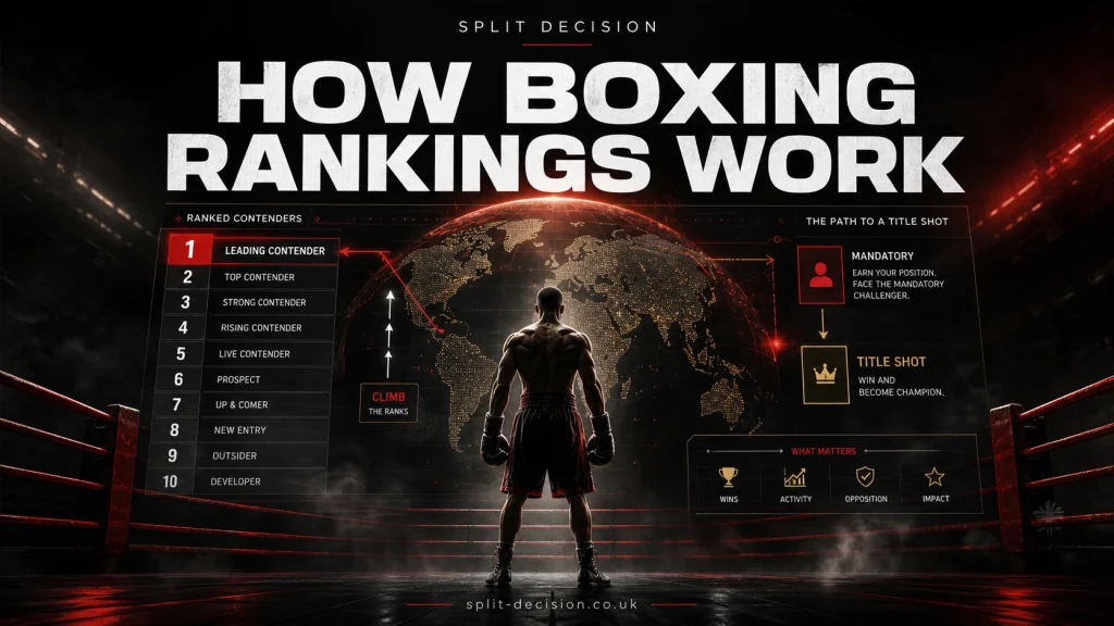 A boxer stands in a dark boxing ring facing a digital world rankings board, showing ranked contenders, mandatory challenger status and the path to a title shot in Split Decision branding.