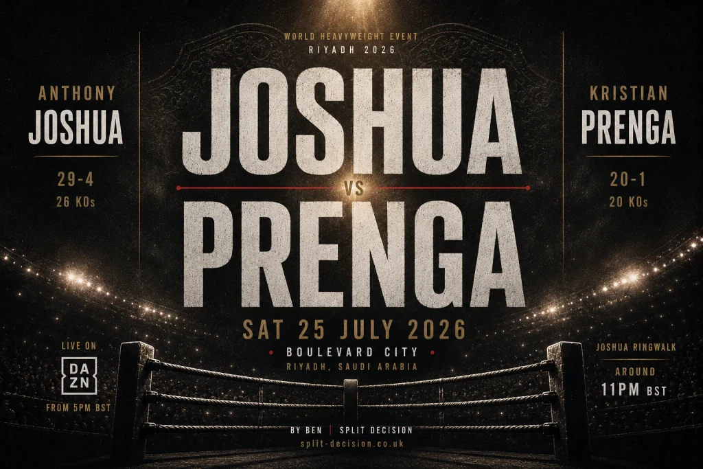 Minimalist Anthony Joshua vs Kristian Prenga fight poster for Riyadh 2026 featuring a dark boxing ring under stadium lights, large textured typography, DAZN broadcast details, and Split Decision branding in black, gold and deep red tones.