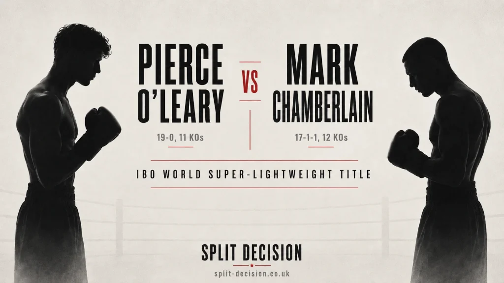 Minimalist boxing poster for Pierce O’Leary vs Mark Chamberlain featuring two anonymous boxer silhouettes facing each other against an off-white background, with bold black typography, red accent lines, fight records, and Split Decision branding for the IBO World Super-Lightweight Title.