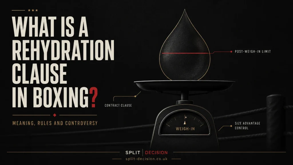 Minimalist boxing infographic poster explaining a rehydration clause in boxing, featuring a black weigh-in scale with a large water droplet above it, red and gold annotation lines, and premium black, crimson and gold Split Decision branding on a dark boxing ring background.