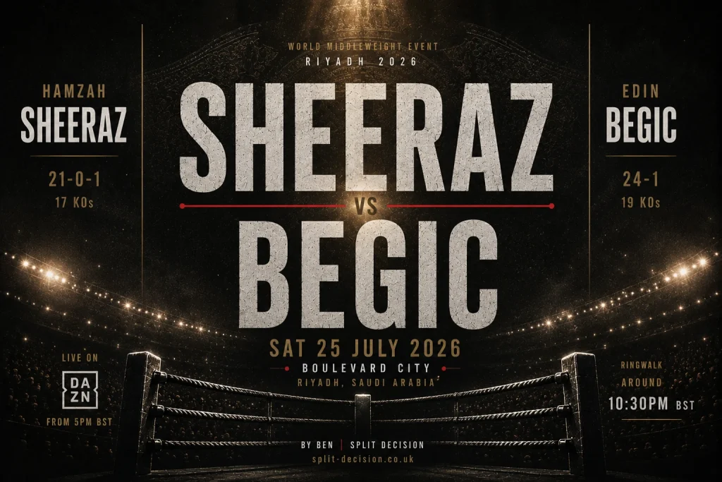 Sheeraz vs Begic fight poster for Riyadh 2026, featuring bold typography, boxing ring ropes, stadium lights, fight records, DAZN broadcast details and expected 10:30pm BST ringwalk time.