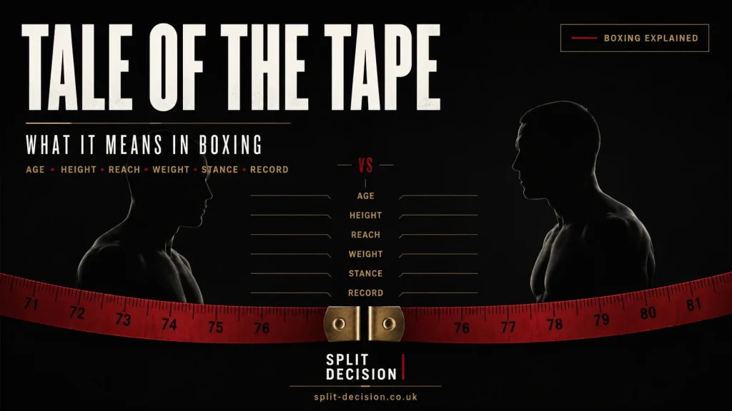 Minimalist boxing infographic poster titled “Tale of the Tape” featuring two shadowed boxer silhouettes facing each other against a matte black background, with comparison categories including age, height, reach, weight, stance and record. A red measuring tape runs across the bottom with Split Decision branding and gold editorial accents.
