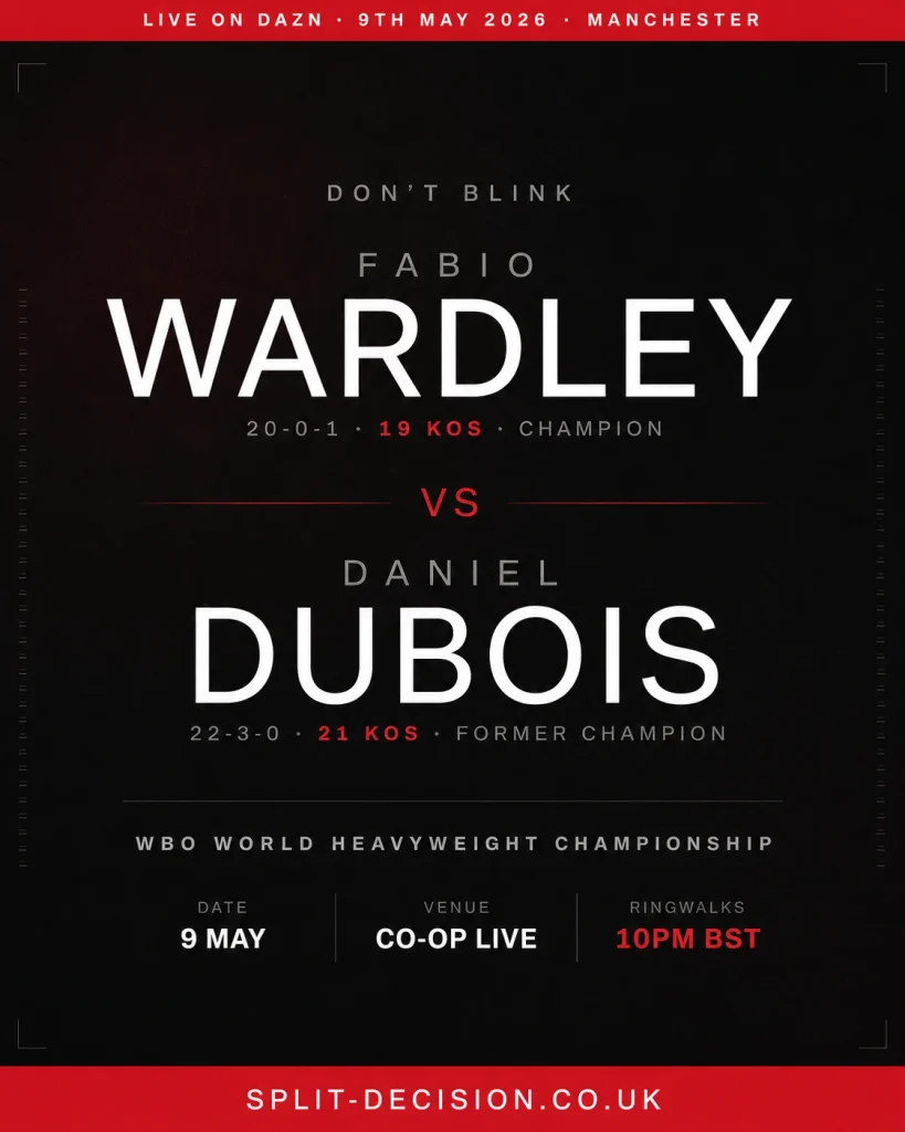 Wardley vs Dubois fight poster for the WBO World Heavyweight Championship at Co-op Live, Manchester, with UK ringwalk time listed as 10pm BST.