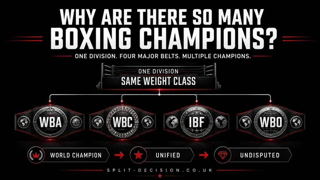 Graphic explaining why boxing has multiple champions, showing WBA, WBC, IBF and WBO belts in one division with a world champion, unified and undisputed title pathway.